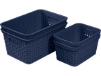 Conjunto de cestos de plástico azul-escuro trançados, empilháveis.