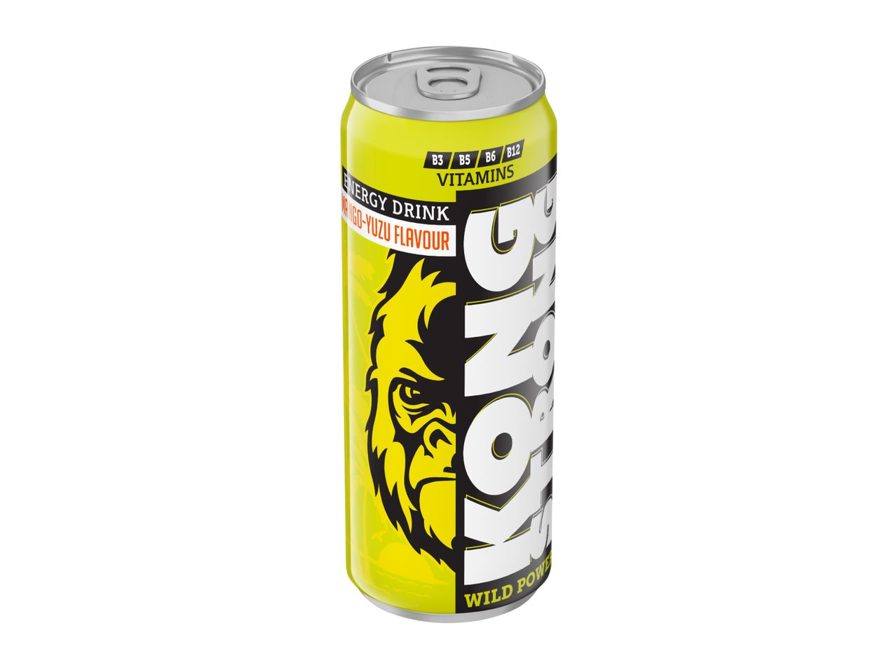 Yellow energy drink can with a gorilla head design and mango-yuzu flavor.
