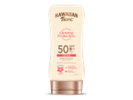 Zonnebrandlotion met SPF 50, subtiele glans, tropische geur en waterbestendig.