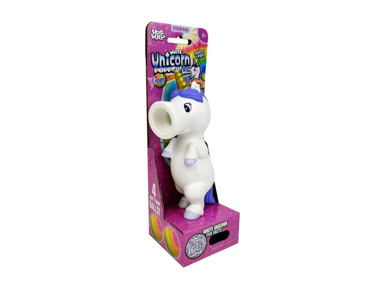White unicorn popper toy in packaging, with text indicating it squeezes to pop and includes soft foam balls.