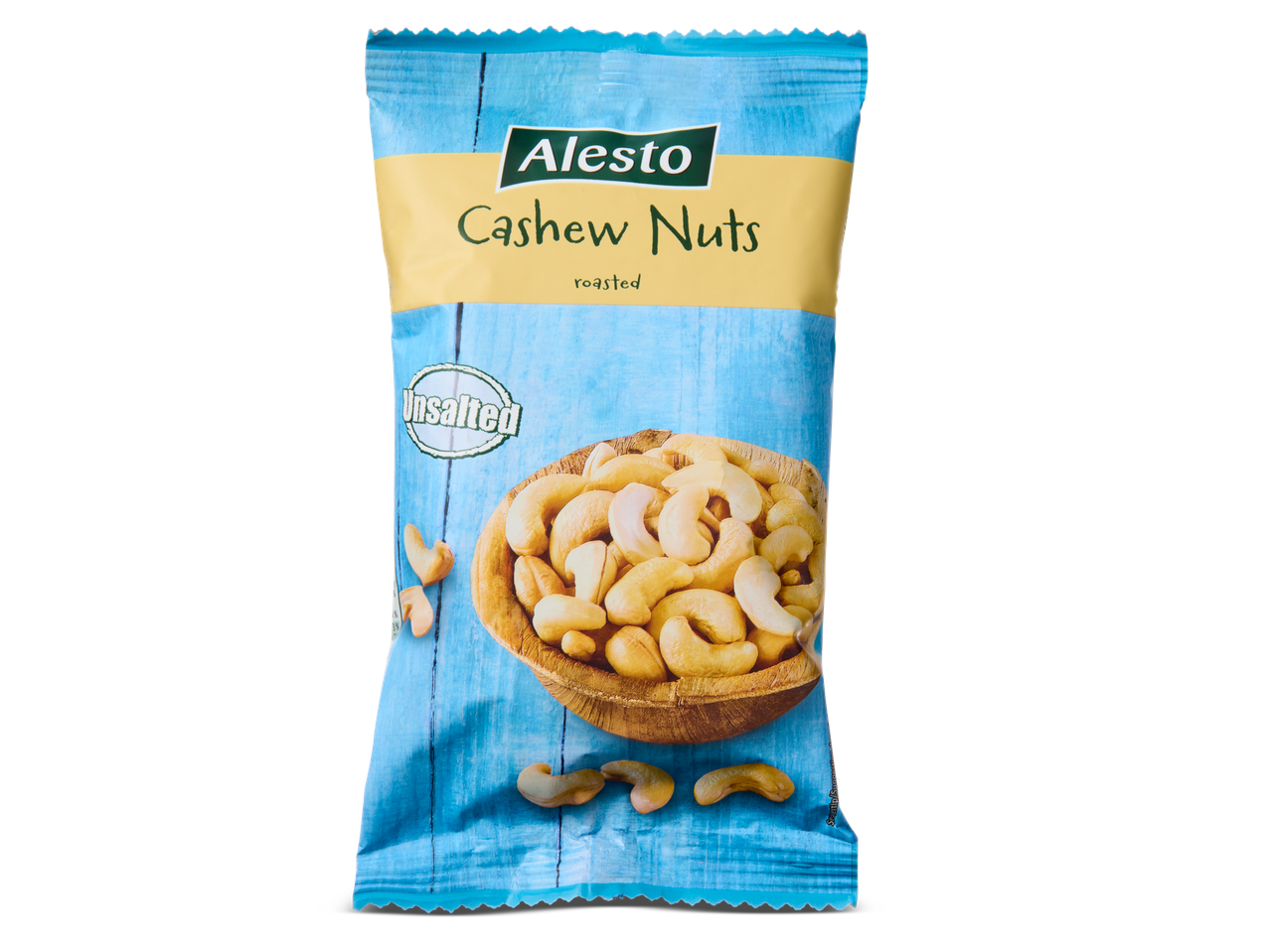 Een zak Alesto geroosterde, ongezouten cashewnoten.