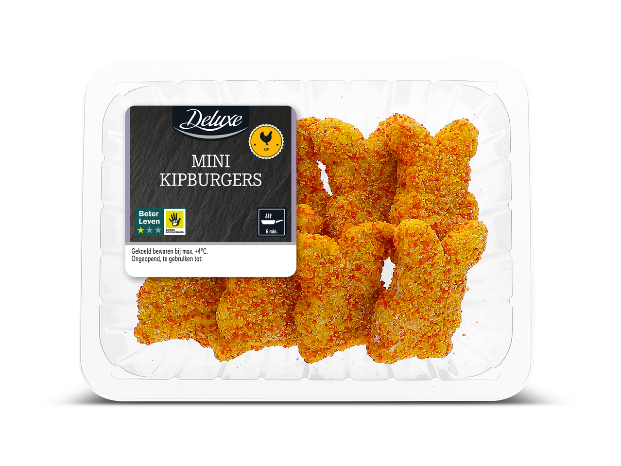 Verpakking met mini kipburgers, met keurmerken voor dierenwelzijn en bereidingsinstructies.