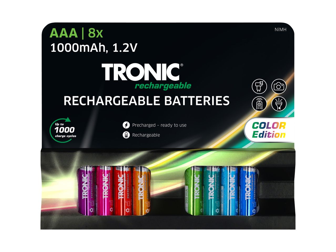 Tronic genopladelige AAA-batterier, 8-pak, 1000mAh, 1,2V, NiMH, i farverig emballage.