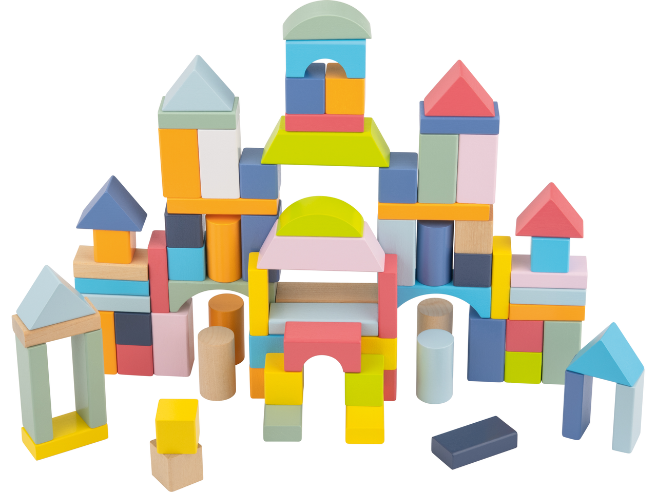 Spalvingi mediniai statybiniai blokeliai, sudarantys pilies pavidalo struktūrą.