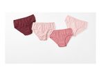 Three pairs of women's cotton panties in burgundy, pink with hearts, and rose.