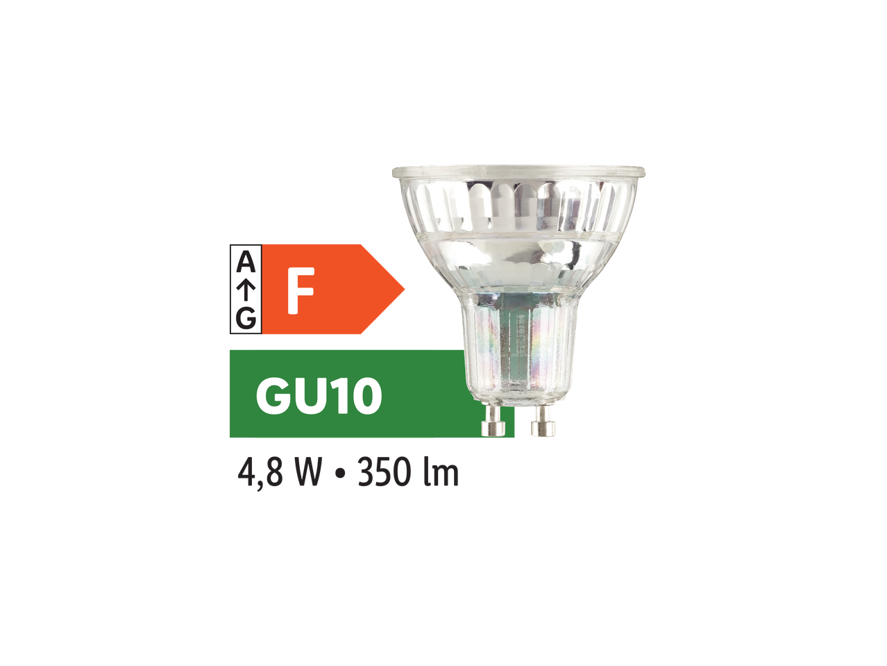 GU10 žarnica z energijsko nalepko F, 4,8 W in 350 lm.