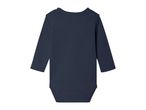 Back view of a plain navy blue long-sleeved baby bodysuit.