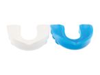 Two mouthguards, one white and one blue, for sports protection.