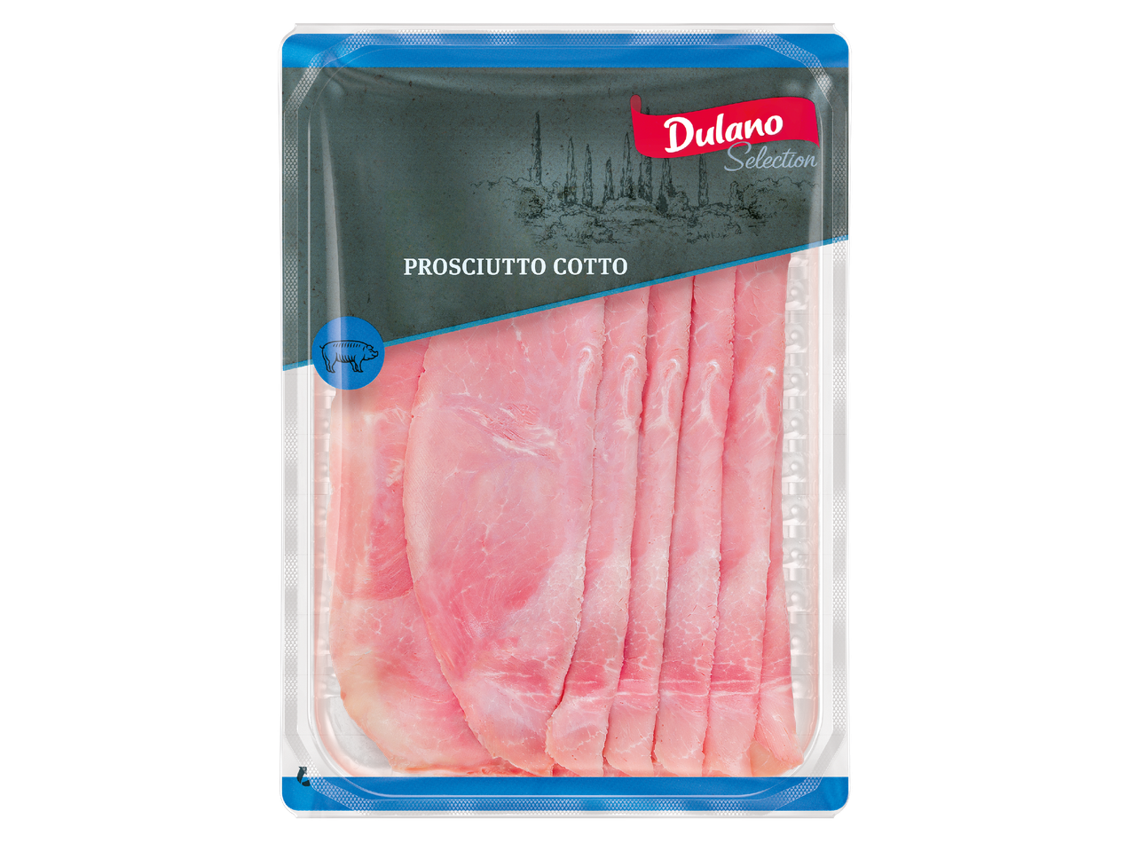 Опаковка с нарязана варена шунка, с надпис „PROSCIUTTO COTTO“ и лого на прасе.