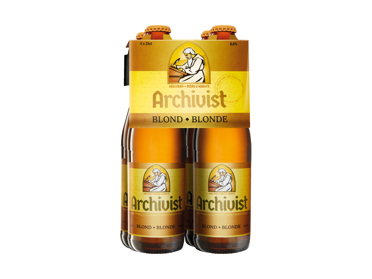 Pack de quatro cervejas Archivist Blond, 6,6% de álcool, em garrafas de 330 ml.