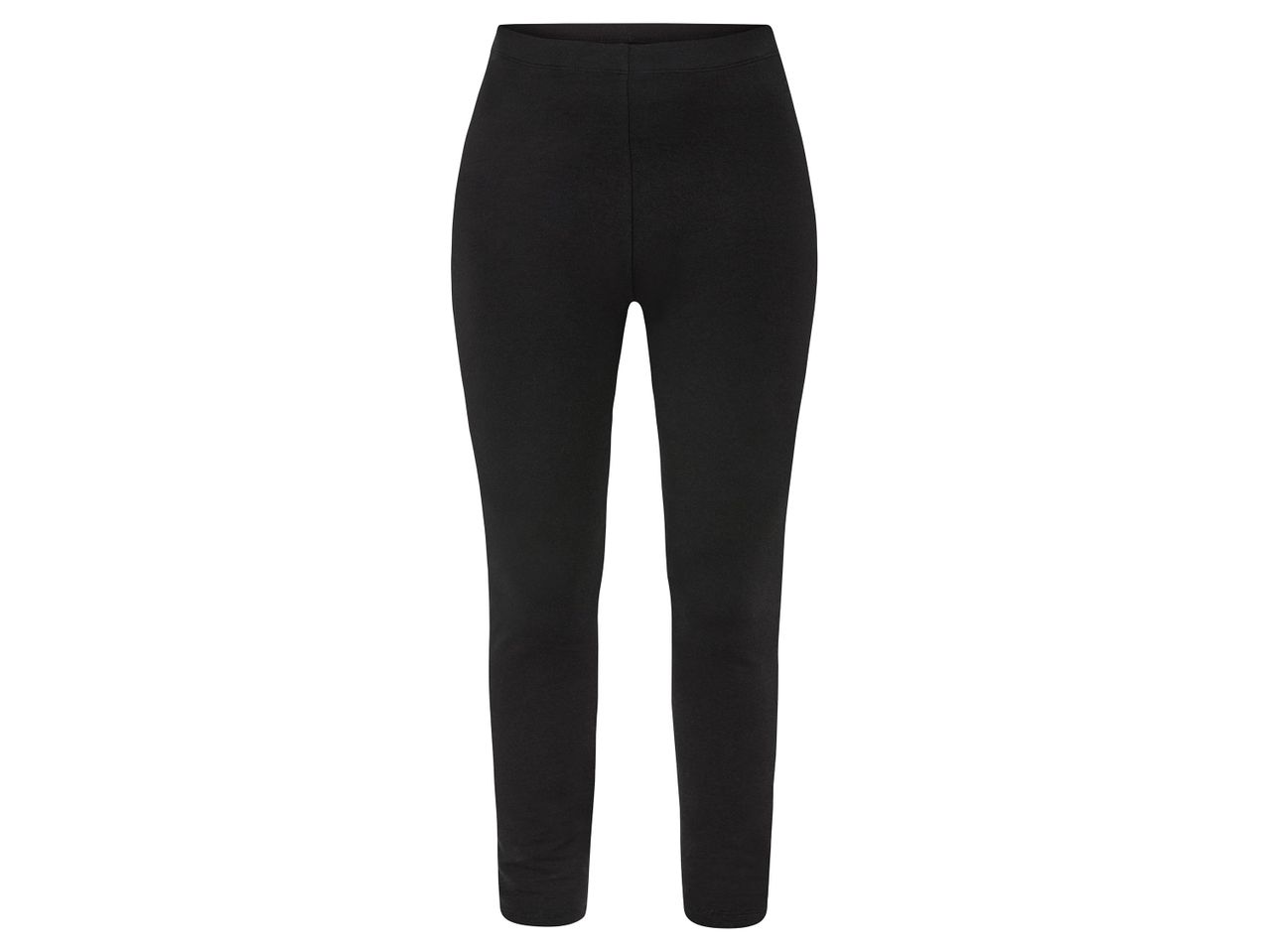 Fekete női leggings, elölről fotózva, fehér háttér előtt.