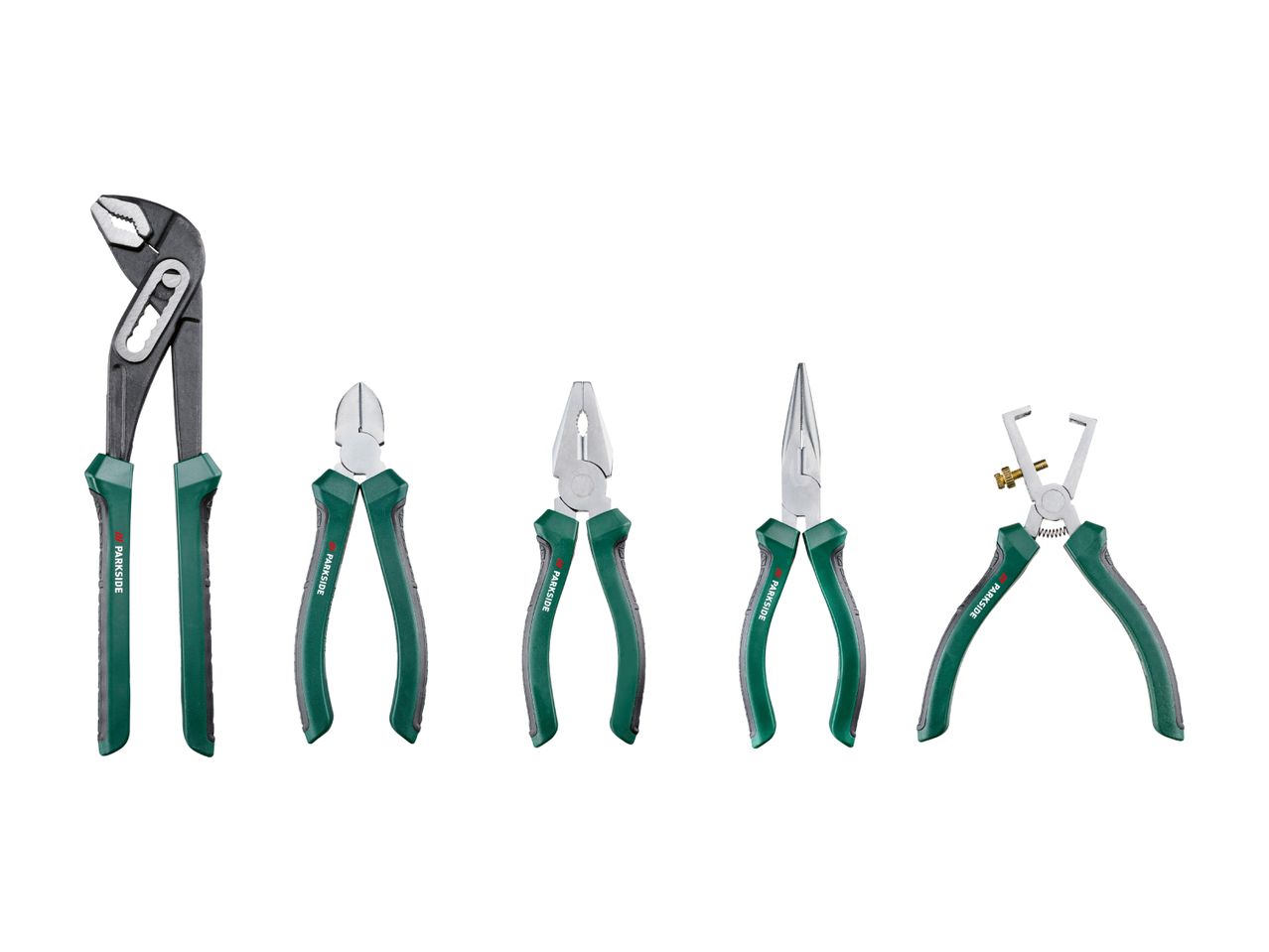 A set of five hand tools, including pliers, wire cutters, and a wire stripper, with green handles.