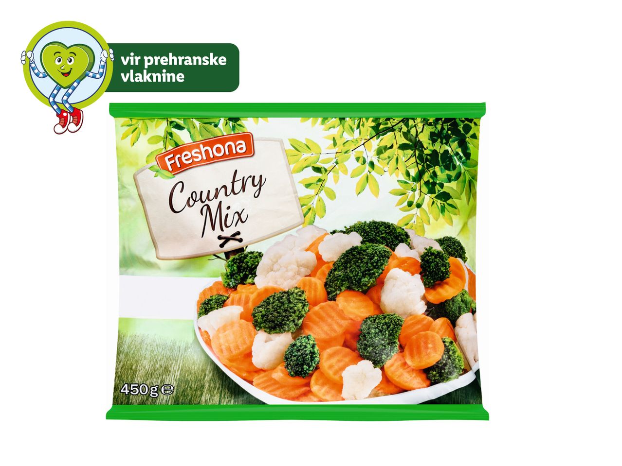 Mešanica zamrznjene zelenjave Freshona Country Mix s korenčkom, brokolijem in cvetačo.