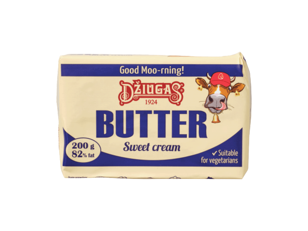 Sviesta iepakojums ar uzrakstu “Good Moo-rning!” un govs attēlu.