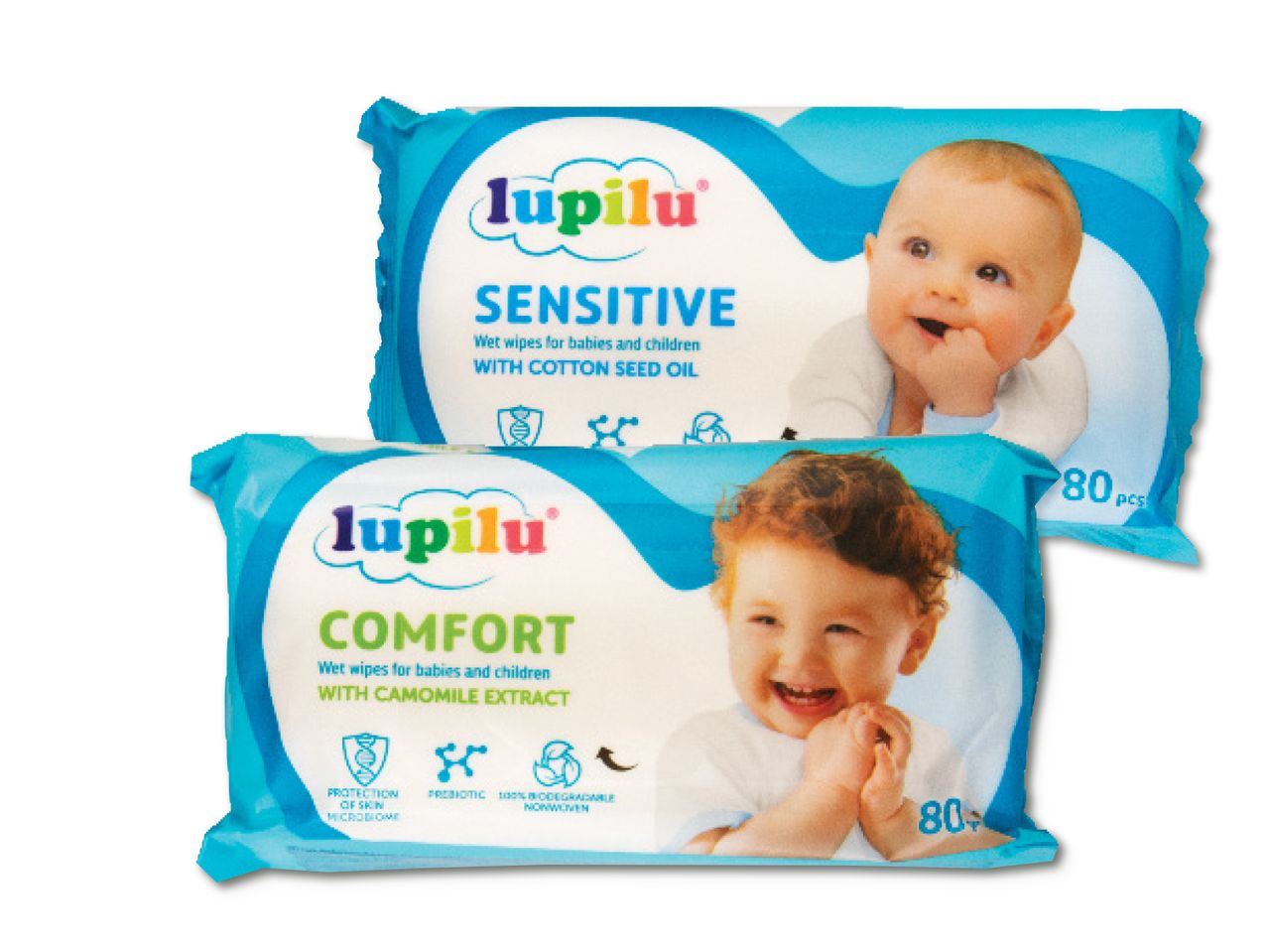 Divi Lupilu mitro salvetes iepakojumi: Sensitive un Comfort mazuļa jutīgai ādai.