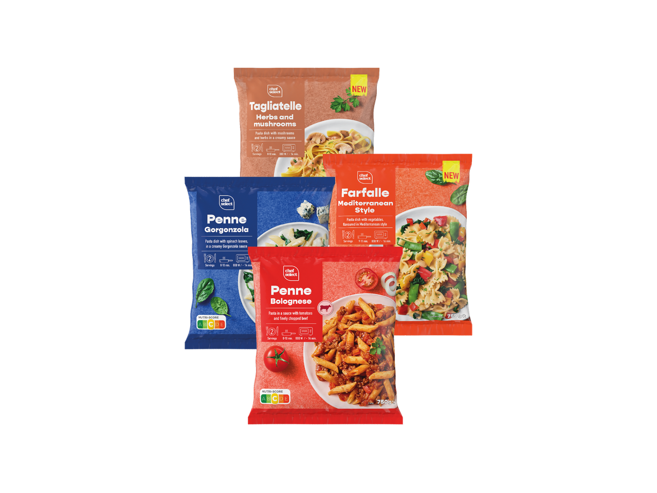 Četiri pakiranja tjestenine: Tagliatelle s gljivama, Penne Gorgonzola, Farfalle Mediterranean Style i Penne Bolognese.