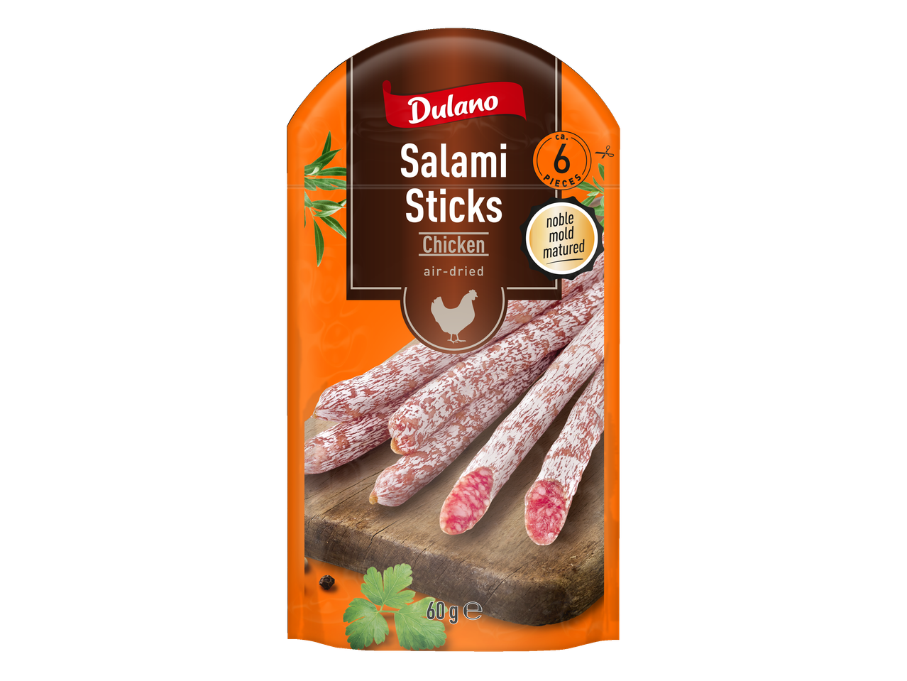 Dulano Salami nūjiņas ar vistu, gaisa žāvētas, ar cēlo pelējumu, 6 gab., 60g.