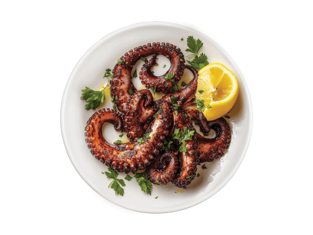 Gegrillter Oktopus mit Zitrone und Petersilie auf einem weißen Teller.
