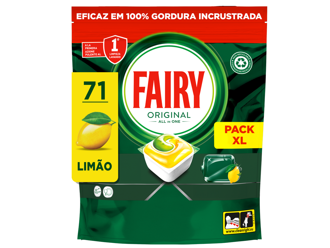 Embalagem de detergente para máquina de lavar loiça com 71 cápsulas de limão, eficaz contra gordura.