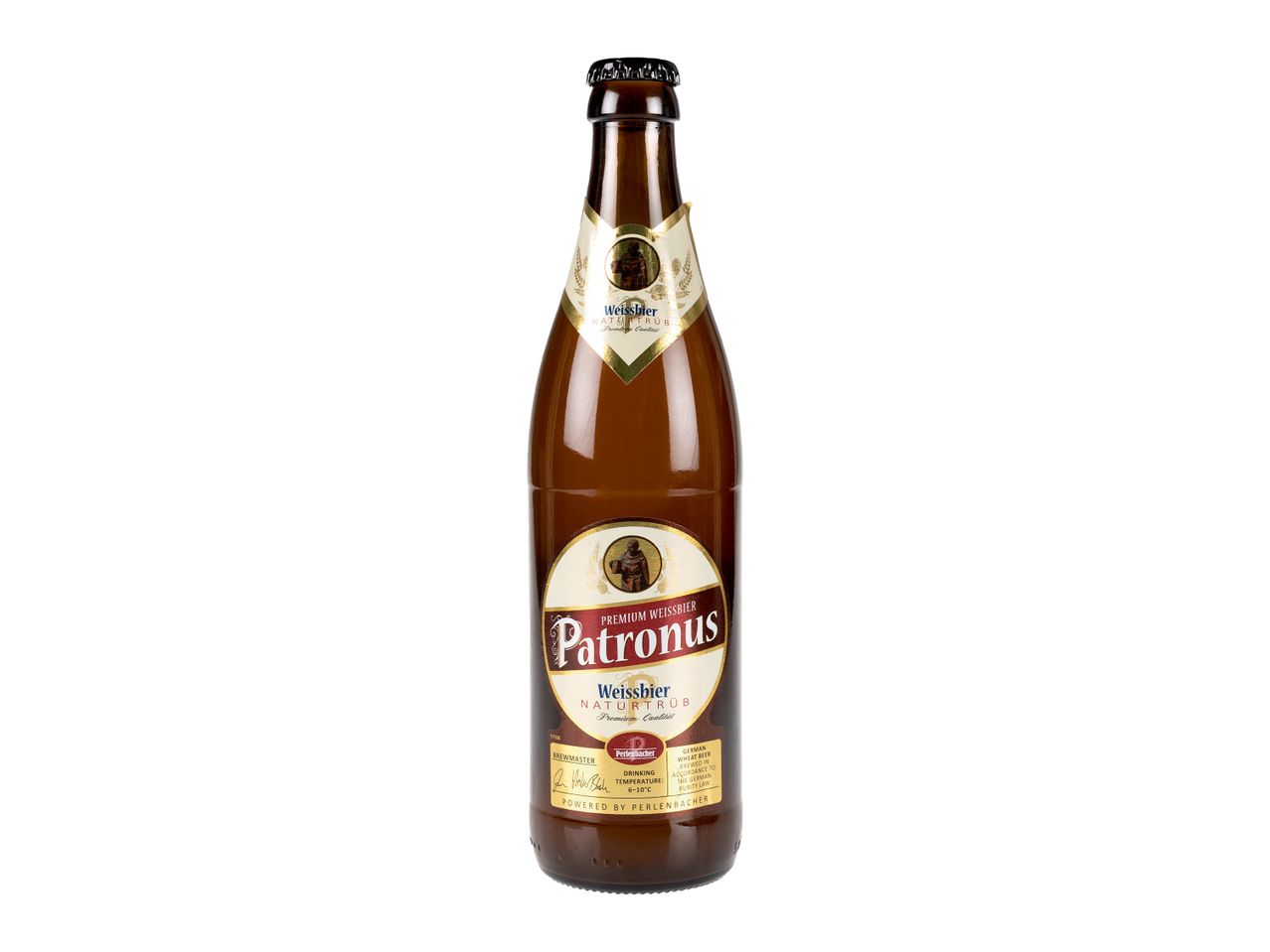 Sticlă de bere Patronus Weissbier Naturtrüb, o bere de grâu germană.