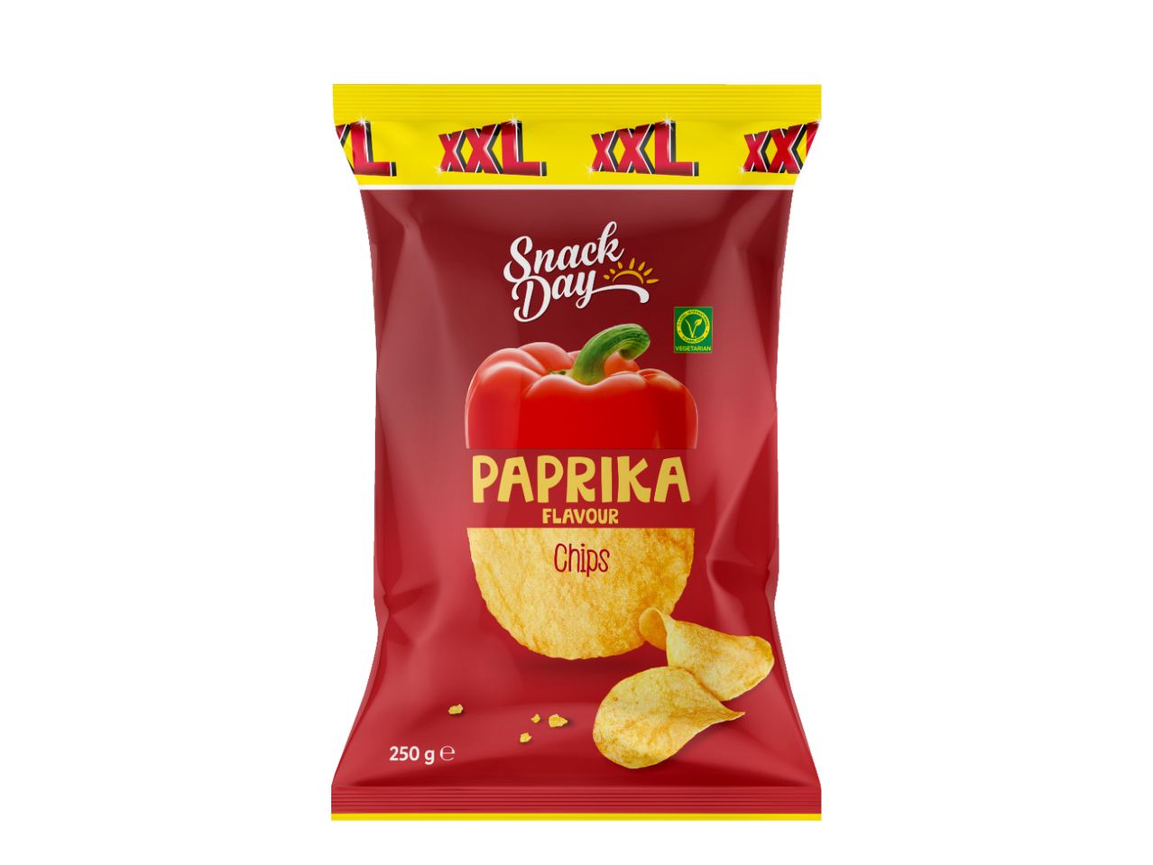 Snack Day Paprika Flavour Chips, 250g, in a red and yellow bag.