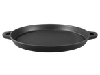 Grillmeister Cast Iron Grill Pan/Plate, a round, black cast iron pan with two handles.
