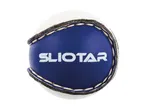 White and blue sliotar with visible stitching and the word 'SLIOTAR' printed on it.