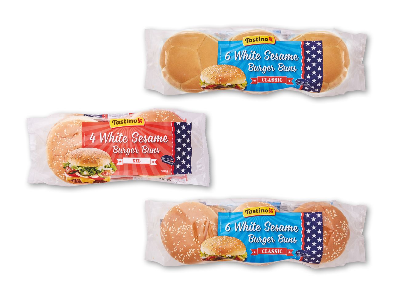 Pakker med hvide sesamburgerboller, inklusive en XXL-variant, med amerikansk-inspireret design.
