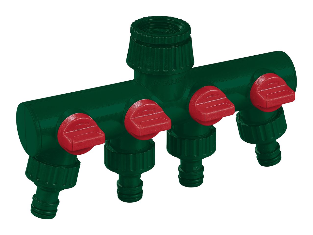 Green 4-way water distributor with red control valves for garden hoses.