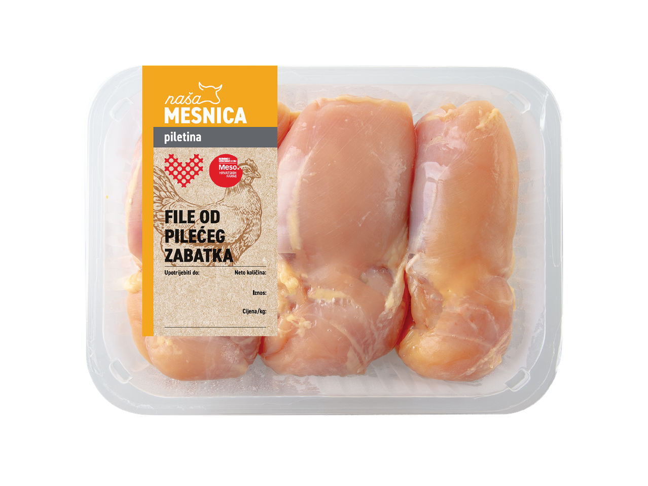 Pakiranje pilećih zabataka s etiketom koja prikazuje piletinu i natpis 'Meso hrvatskih farmi'.