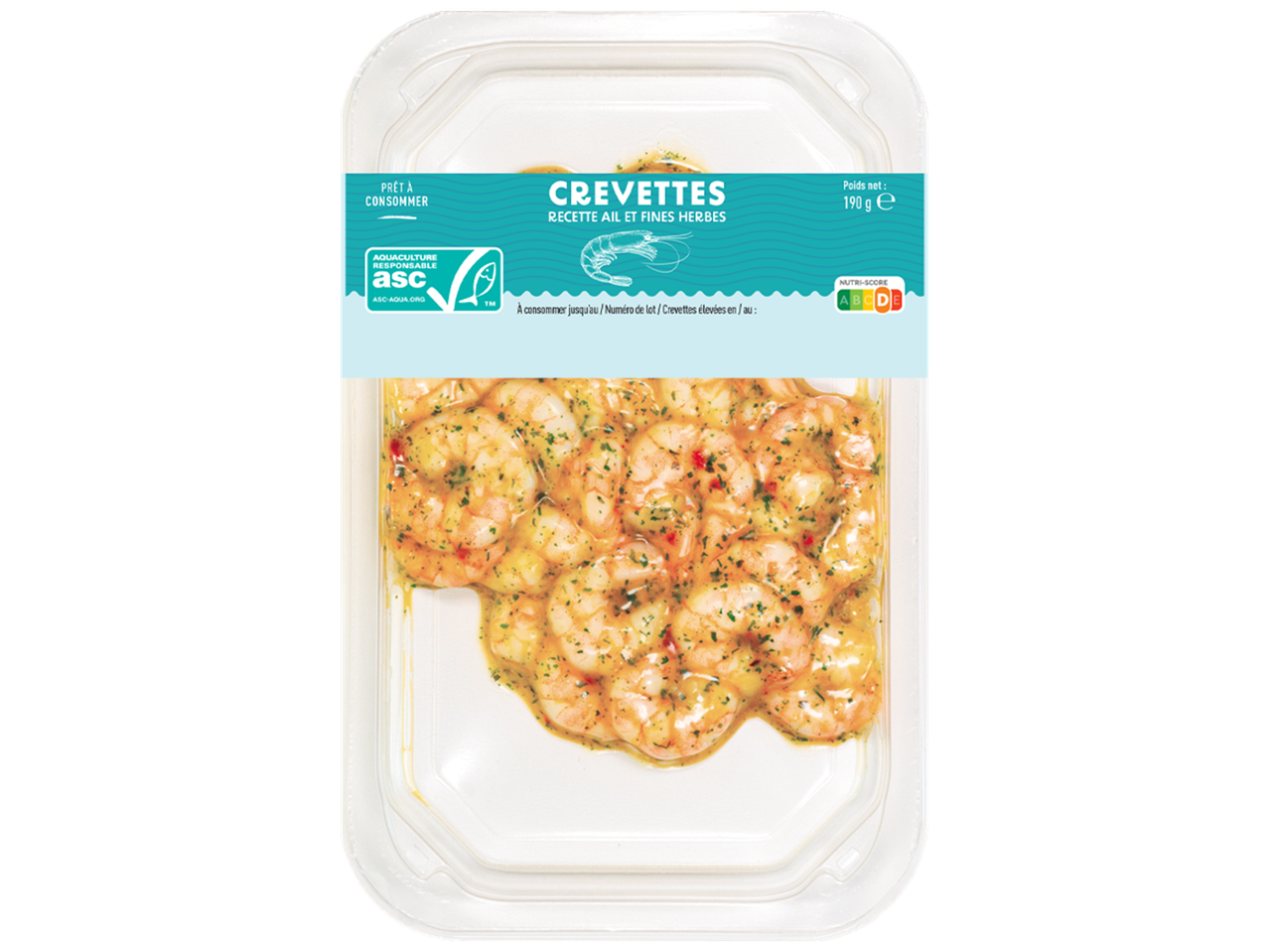 Crevettes à l'ail et fines herbes, prêtes à consommer, avec logo ASC et Nutri-Score.