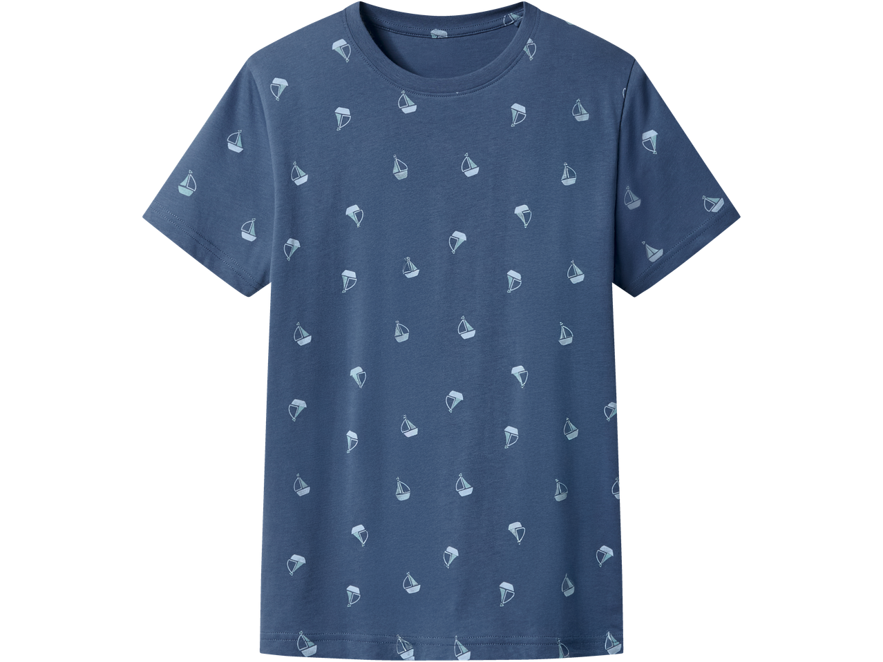 Mėlyni marškinėliai trumpomis rankovėmis su baltų burlaivių raštu.