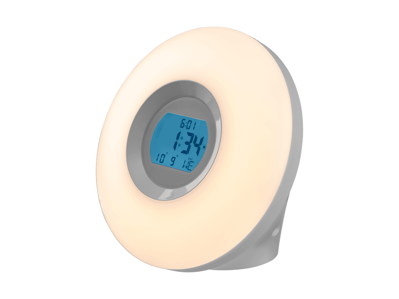 Lichtwecker mit Digitalanzeige für Uhrzeit, Datum und Temperatur.