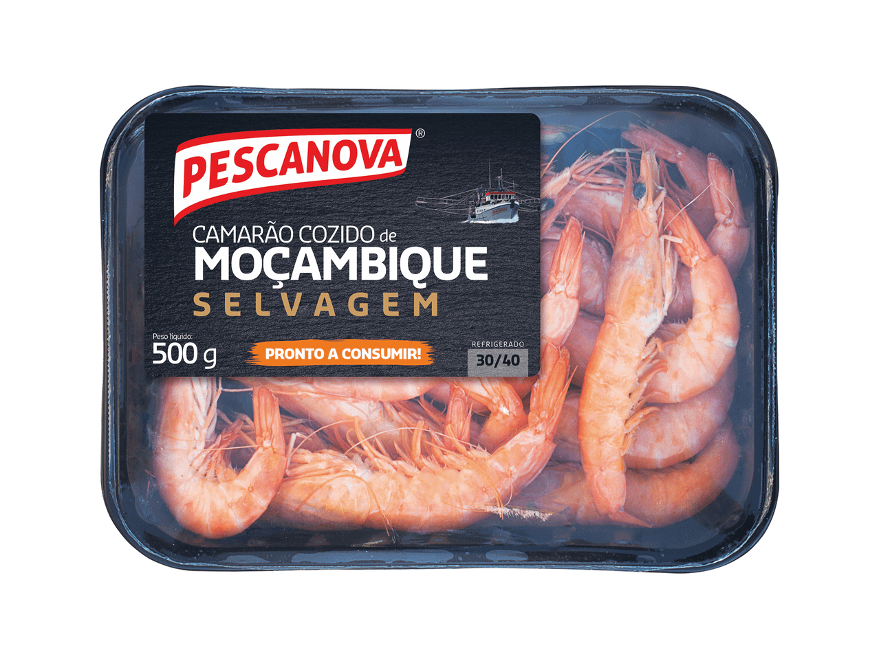 Embalagem de camarão cozido de Moçambique selvagem, 500g, pronto a consumir.