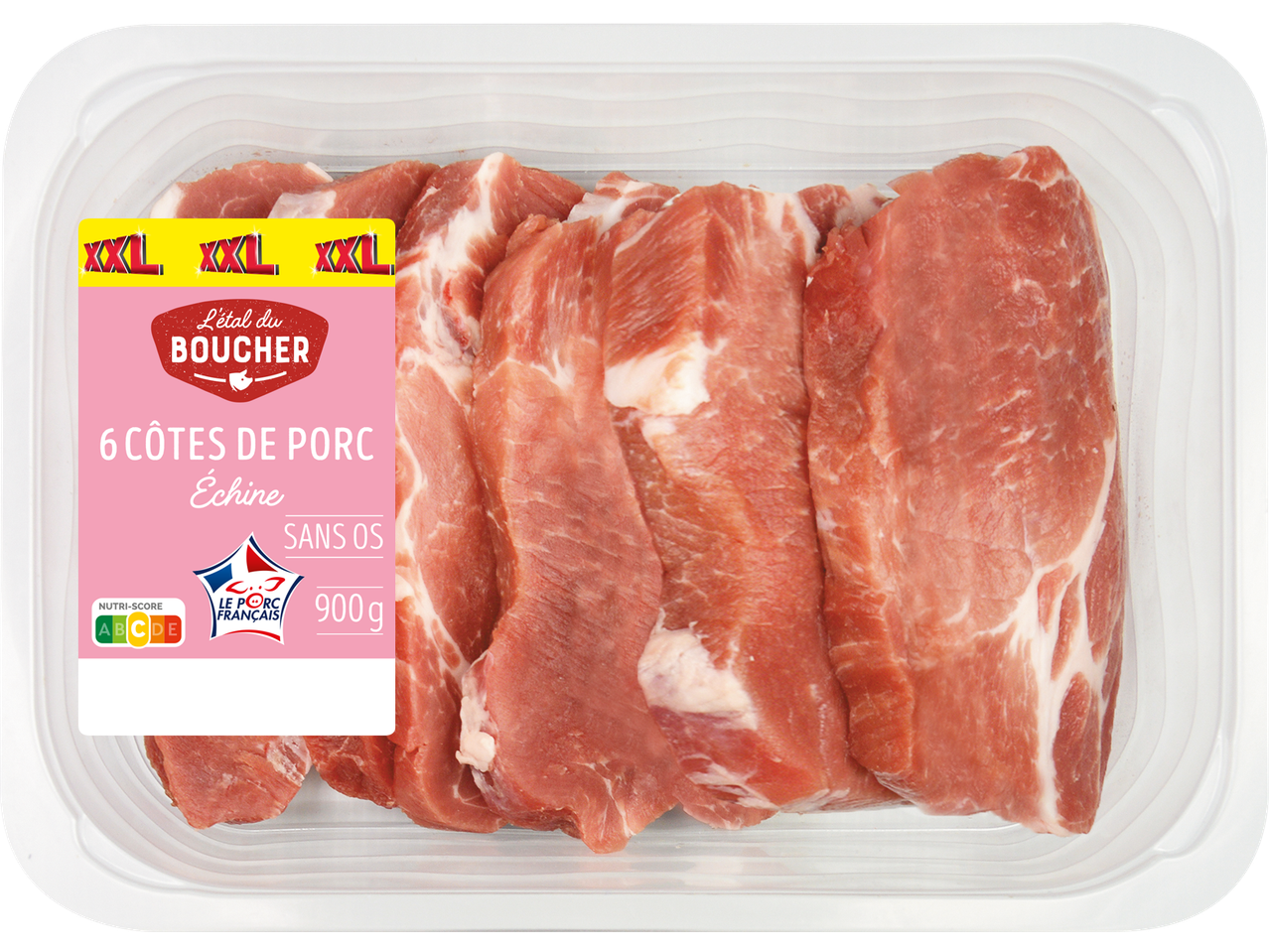Barquette de 6 côtes de porc échine sans os de 900g, avec étiquettes XXL et Nutri-Score B.