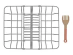 A gray plastic dish rack and a wooden slotted spoon with a pink handle.