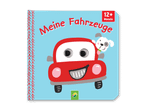 Kinderbuch 'Meine Fahrzeuge' mit rotem Auto und Hund, empfohlen ab 12 Monaten.