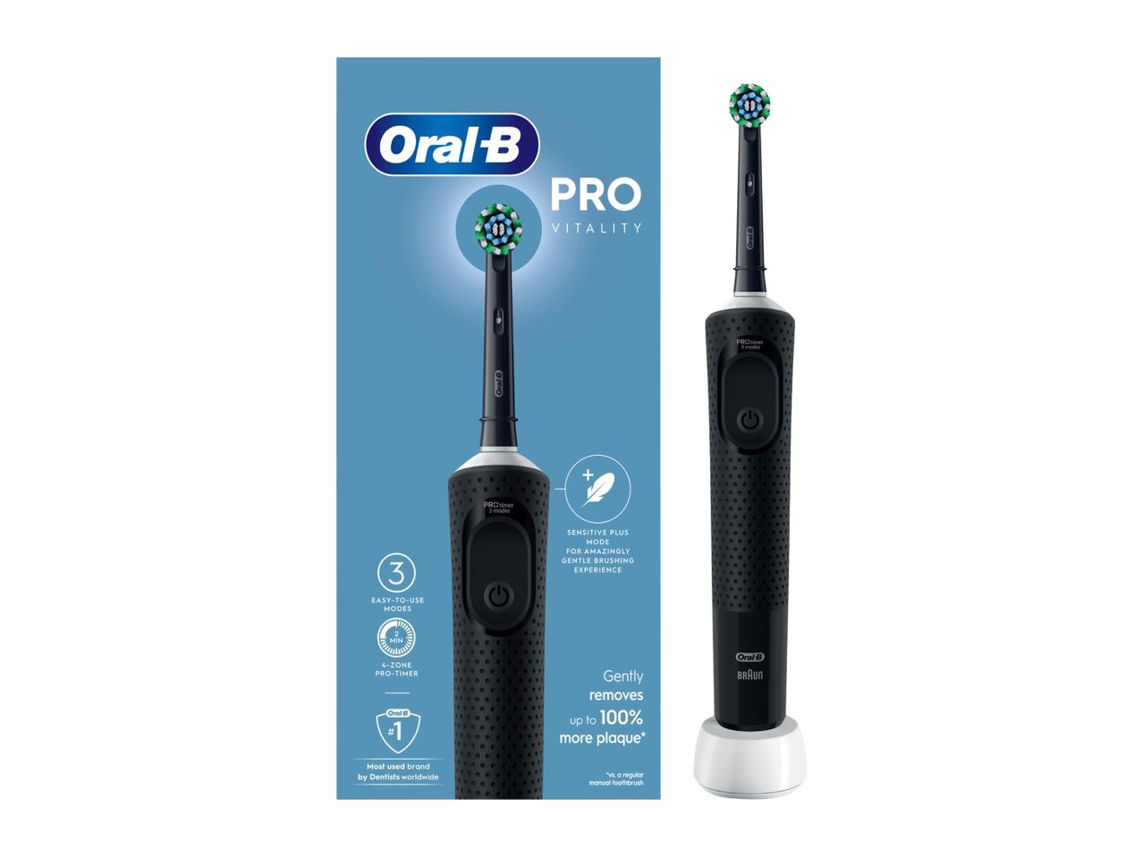 Black electric toothbrush with a blue and green brush head, highlighting its features and benefits.