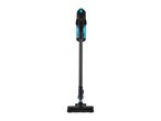 A sleek, cordless stick vacuum cleaner stands upright.