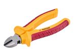 Insulated diagonal cutting pliers, yellow and red, rated 1000V.