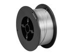 A spool of silver-colored welding wire sits on a black plastic reel.