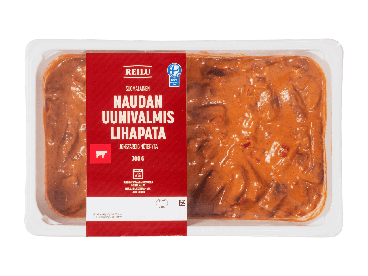 Naudan uunivalmis lihapata 700 g, punaisella etiketillä ja valmistusohjeilla.