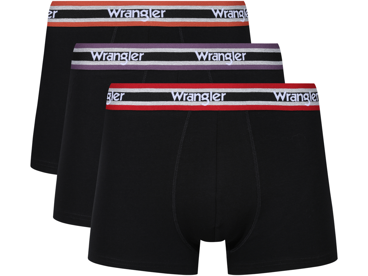 Three pairs of Wrangler men's boxer briefs in black with different colored waistbands.