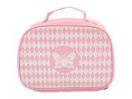 Pink and white diamond pattern lunch bag with a butterfly design