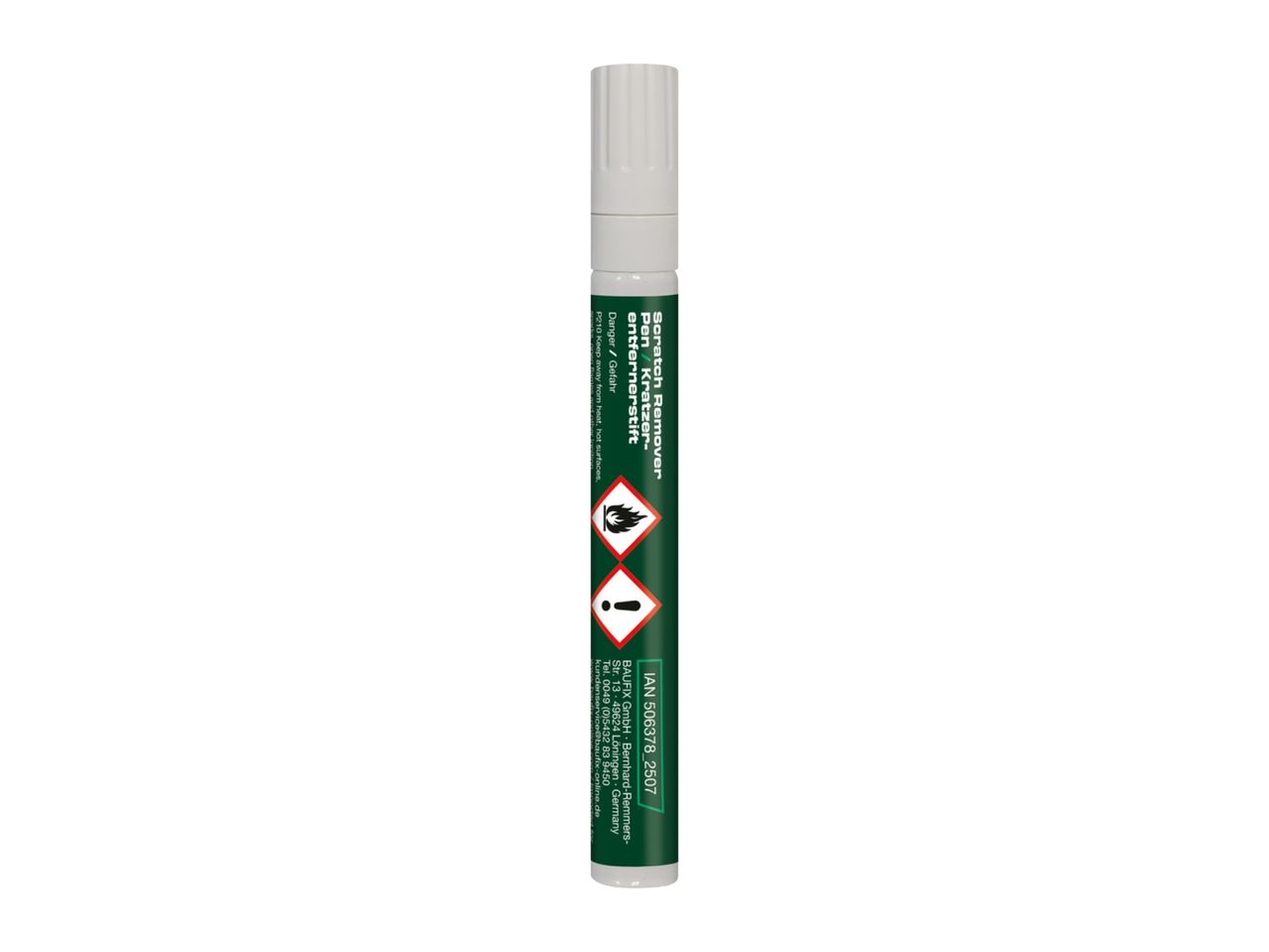 Scratch remover pen with hazard symbols and contact information.