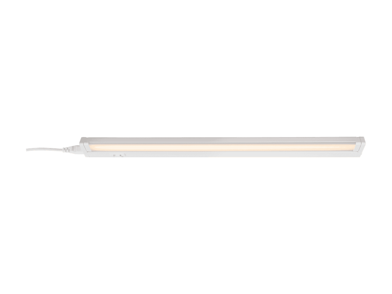 Une réglette LED blanche avec lumière blanc chaud et câble.