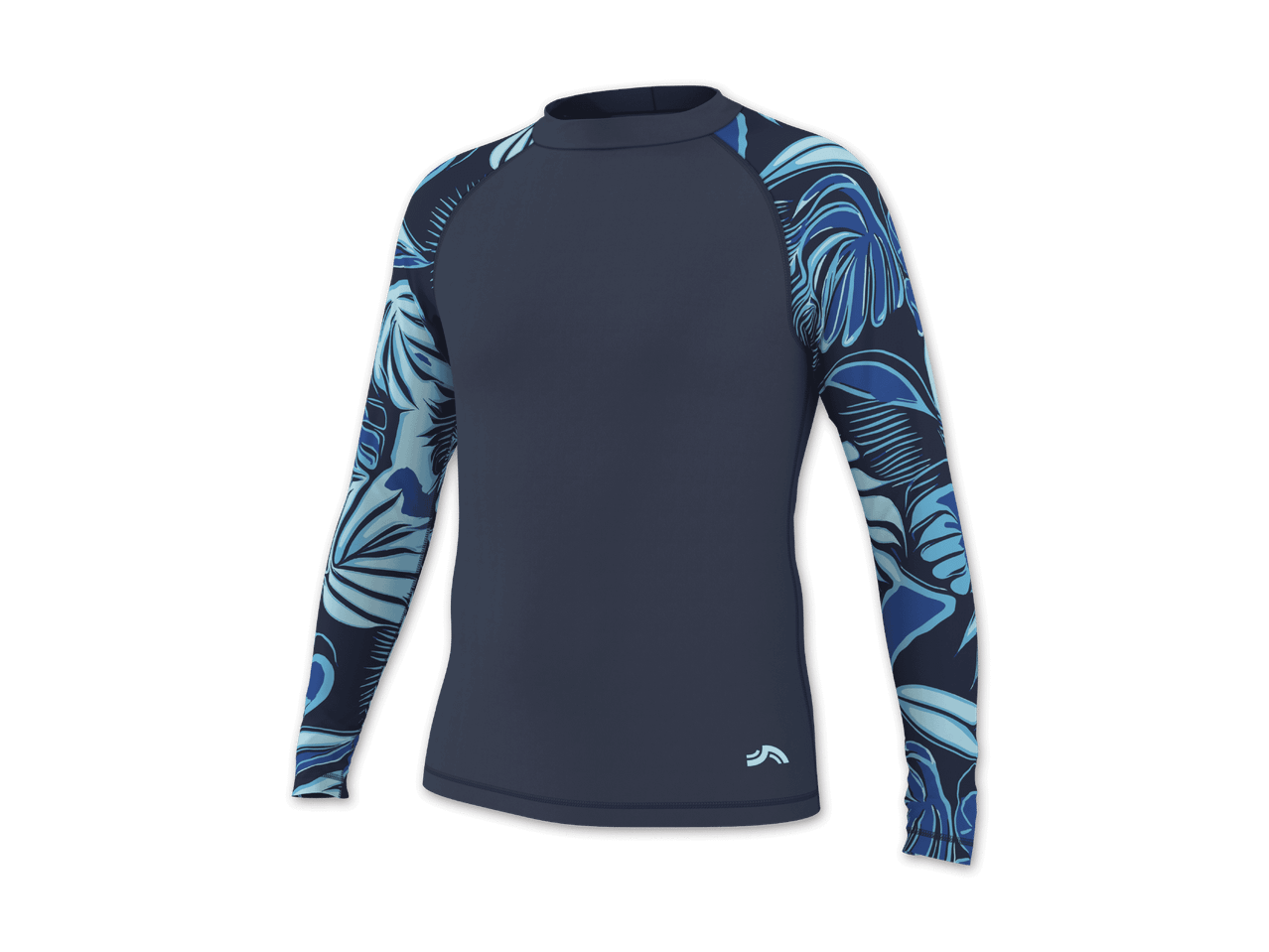 Dunkelblaues Langarmshirt mit blauen tropischen Blättern auf den Ärmeln