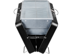 Black foldable grill with metal grate.