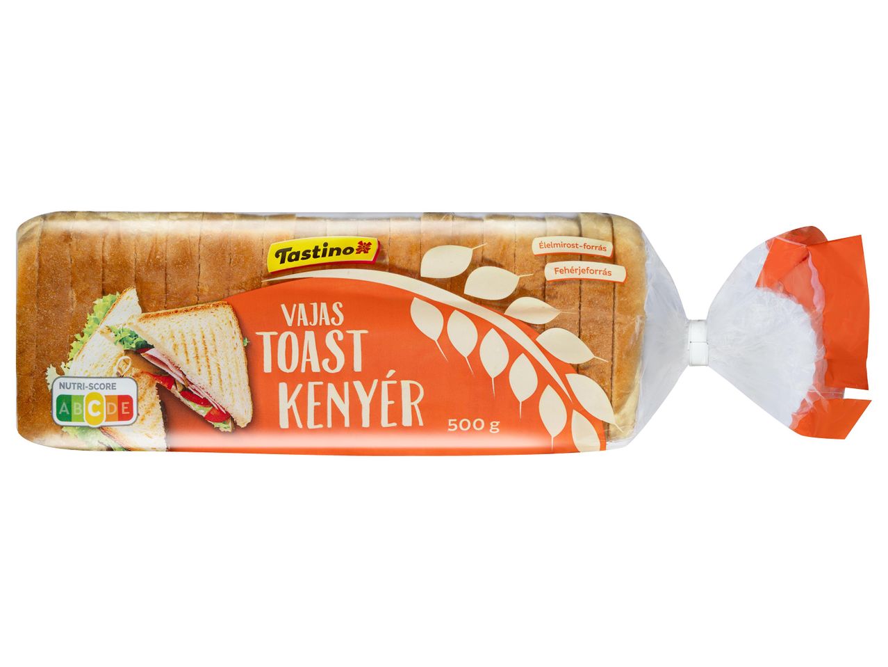Vajas toast kenyér csomagolása Nutri-Score címkével és szendvics illusztrációval.