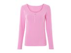 Pink long-sleeved ribbed top with a scoop neck and button placket.
